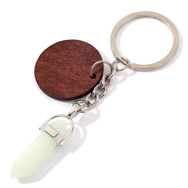 Wholesale Stone Crystal Hexagonal Pillar Round Wood Chip Keychain
